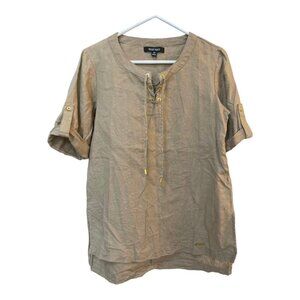 Ellen Tracy Dark Beige/Brown 100% Linen Roll Tab Blouse Shirt Tunic Tan Size PS